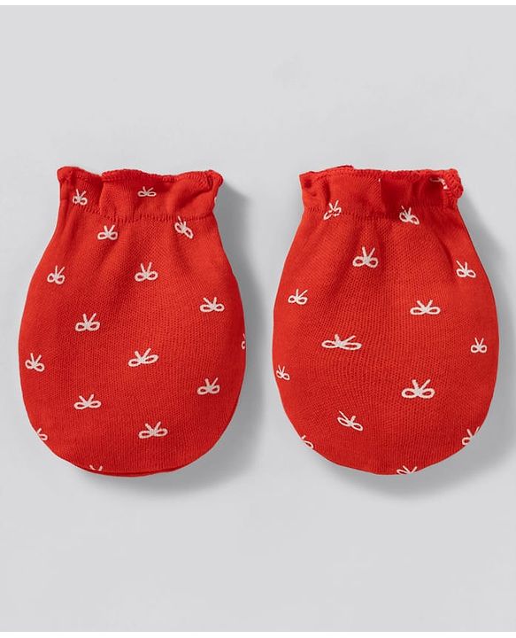 Babyhug 100% Cotton Knit Mittens With Heart & Bow Print Pack of 3 - Multicolor