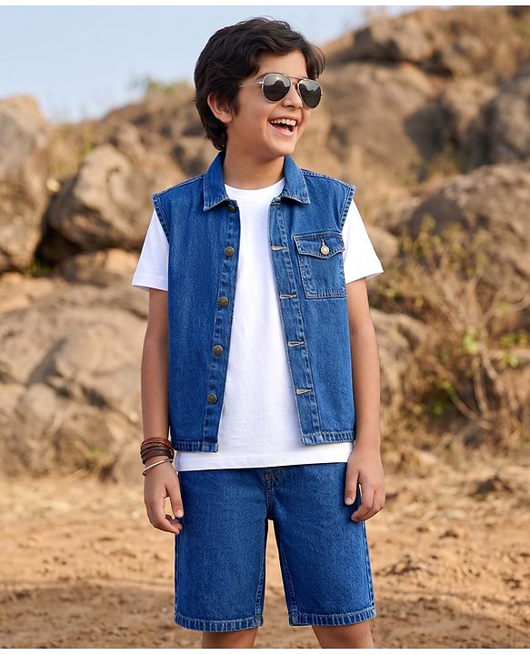 Pine Kids Cotton Denim Half Sleeves T-Shirt & Shorts Set With Jacket - Blue