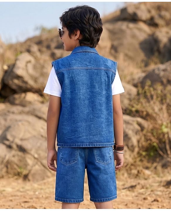 Pine Kids Cotton Denim Half Sleeves T-Shirt & Shorts Set With Jacket - Blue