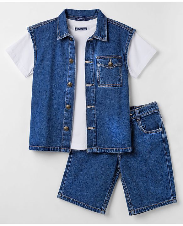Pine Kids Cotton Denim Half Sleeves T-Shirt & Shorts Set With Jacket - Blue