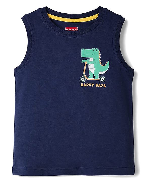 Babyhug Cotton Knit T-Shirt Sleeveless Round Neck Crocodile Print Multi Color 6-9 Months