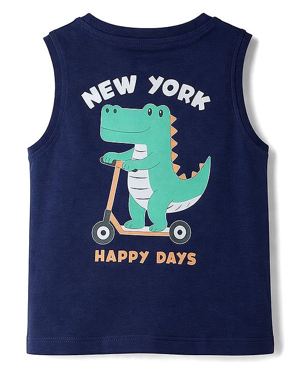 Babyhug Cotton Knit T-Shirt Sleeveless Round Neck Crocodile Print Multi Color 6-9 Months