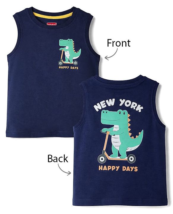 Babyhug Cotton Knit T-Shirt Sleeveless Round Neck Crocodile Print Multi Color 6-9 Months