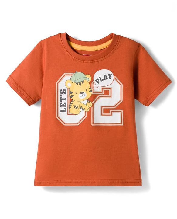 Babyhug Cotton Knit Half Sleeves T-Shirt With Tiger Print - Multicolor