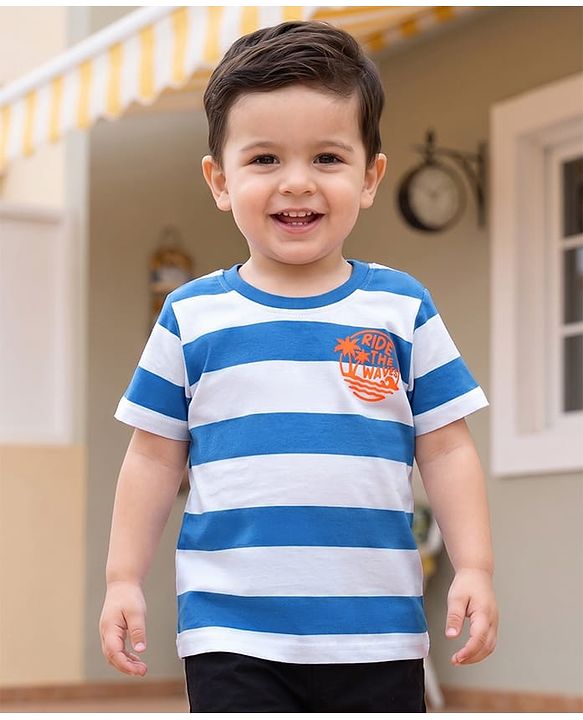 Babyhug Cotton Knit Half Sleeves T-Shirt with Stripes & Tiger Graphics - Multicolor