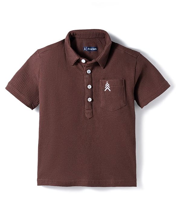Pine Kids Waffle Knit Half Sleeves Co-ords Solid Color Polo T-Shirt & Pant Set - Brown