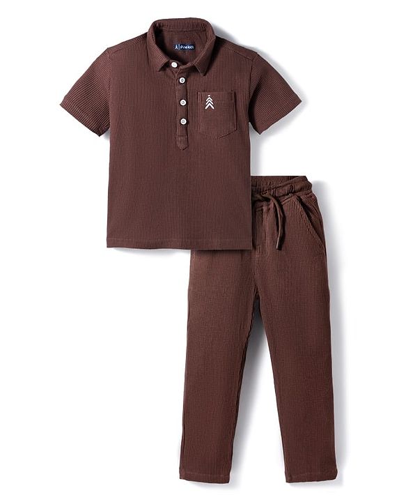 Pine Kids Waffle Knit Half Sleeves Co-ords Solid Color Polo T-Shirt & Pant Set - Brown