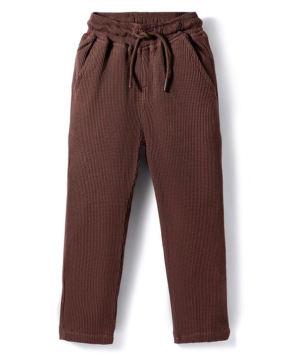 Pine Kids Waffle Knit Half Sleeves Co-ords Solid Color Polo T-Shirt & Pant Set - Brown