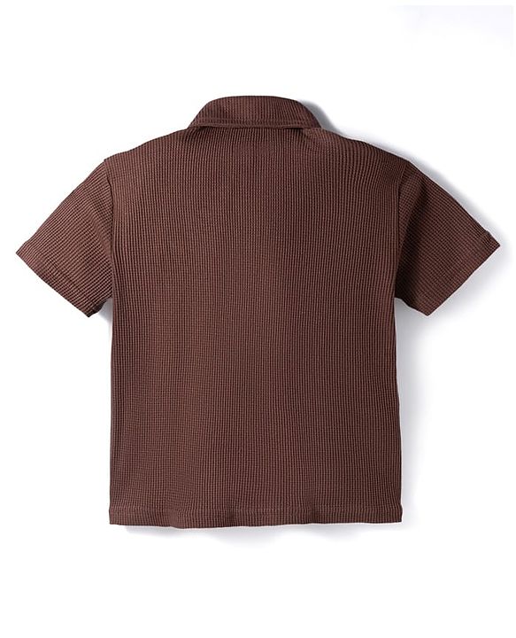 Pine Kids Waffle Knit Half Sleeves Co-ords Solid Color Polo T-Shirt & Pant Set - Brown