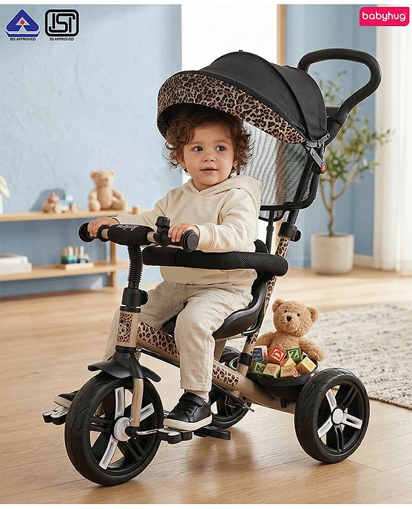 Babyhug Little Leopard Tricycle for Kids with Parental Push Handle & Canopy Toddler Ride-On Trike with Safety Harness BIS Certified Seat with High Backrest Foldable Footrest Anti-Slip Pedals - Beige