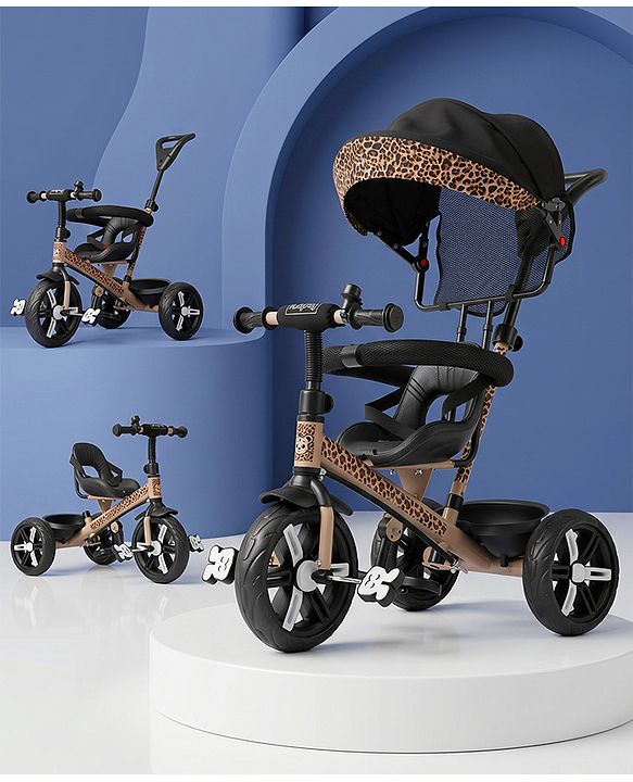 Babyhug Little Leopard Tricycle for Kids with Parental Push Handle & Canopy Toddler Ride-On Trike with Safety Harness BIS Certified Seat with High Backrest Foldable Footrest Anti-Slip Pedals - Beige