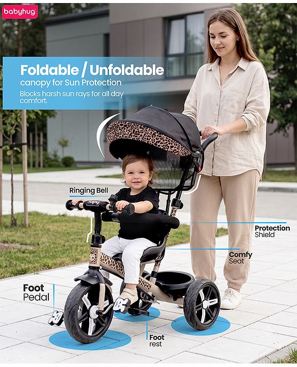 Babyhug Little Leopard Tricycle for Kids with Parental Push Handle & Canopy Toddler Ride-On Trike with Safety Harness BIS Certified Seat with High Backrest Foldable Footrest Anti-Slip Pedals - Beige