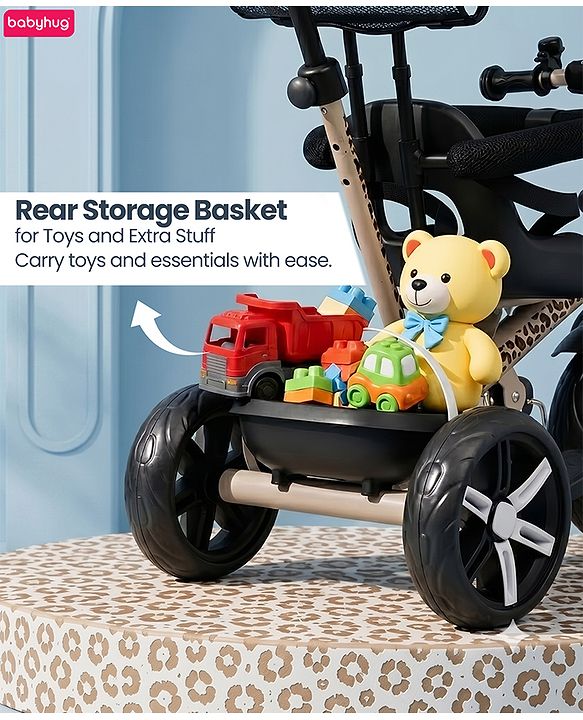 Babyhug Little Leopard Tricycle for Kids with Parental Push Handle & Canopy Toddler Ride-On Trike with Safety Harness BIS Certified Seat with High Backrest Foldable Footrest Anti-Slip Pedals - Beige