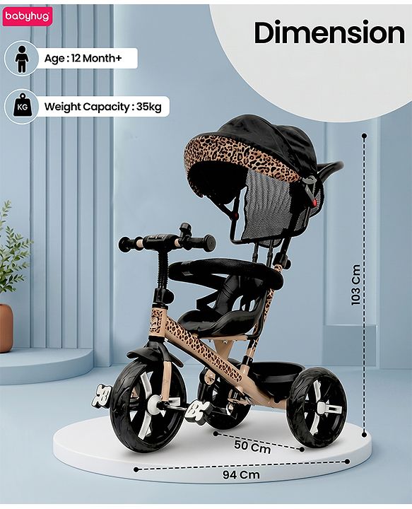 Babyhug Little Leopard Tricycle for Kids with Parental Push Handle & Canopy Toddler Ride-On Trike with Safety Harness BIS Certified Seat with High Backrest Foldable Footrest Anti-Slip Pedals - Beige