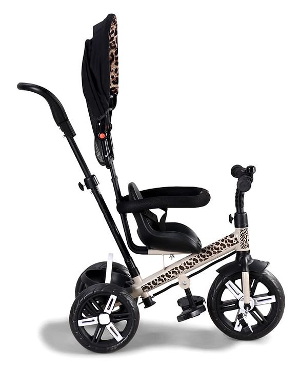 Babyhug Little Leopard Tricycle for Kids with Parental Push Handle & Canopy Toddler Ride-On Trike with Safety Harness BIS Certified Seat with High Backrest Foldable Footrest Anti-Slip Pedals - Beige
