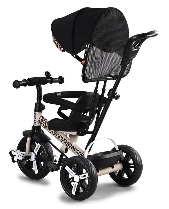 Babyhug Little Leopard Tricycle for Kids with Parental Push Handle & Canopy Toddler Ride-On Trike with Safety Harness BIS Certified Seat with High Backrest Foldable Footrest Anti-Slip Pedals - Beige