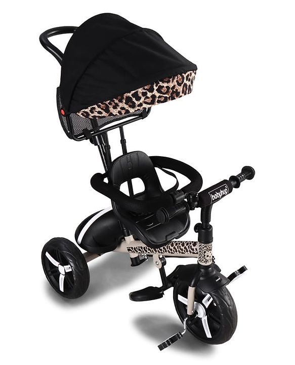 Babyhug Little Leopard Tricycle for Kids with Parental Push Handle & Canopy Toddler Ride-On Trike with Safety Harness BIS Certified Seat with High Backrest Foldable Footrest Anti-Slip Pedals - Beige