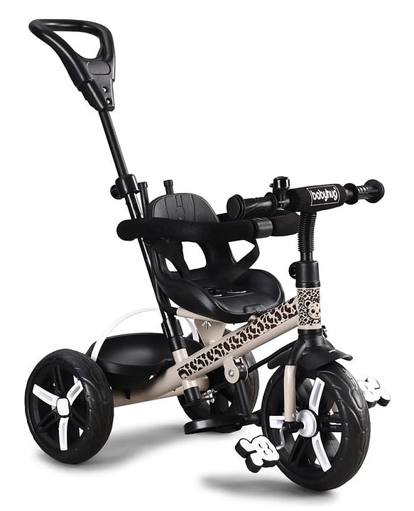 Babyhug Little Leopard Tricycle for Kids with Parental Push Handle & Canopy Toddler Ride-On Trike with Safety Harness BIS Certified Seat with High Backrest Foldable Footrest Anti-Slip Pedals - Beige