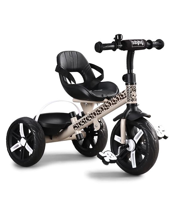 Babyhug Little Leopard Tricycle for Kids with Parental Push Handle & Canopy Toddler Ride-On Trike with Safety Harness BIS Certified Seat with High Backrest Foldable Footrest Anti-Slip Pedals - Beige