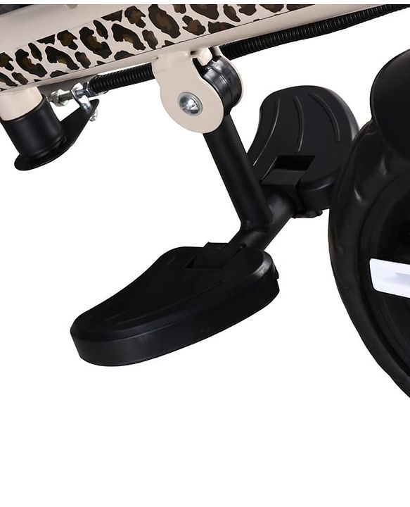 Babyhug Little Leopard Tricycle for Kids with Parental Push Handle & Canopy Toddler Ride-On Trike with Safety Harness BIS Certified Seat with High Backrest Foldable Footrest Anti-Slip Pedals - Beige