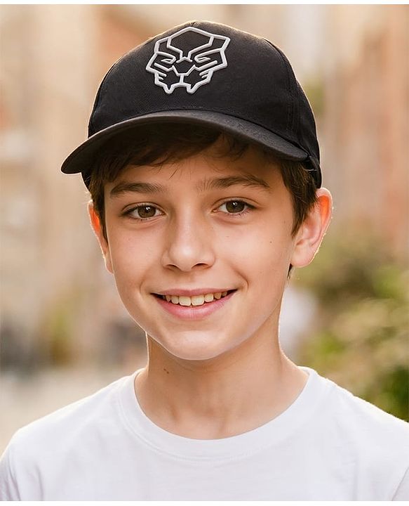 Pine Kids Marvel Cotton Woven Summer Cap with Black Panther Graphics Black- Diameter 52 cm