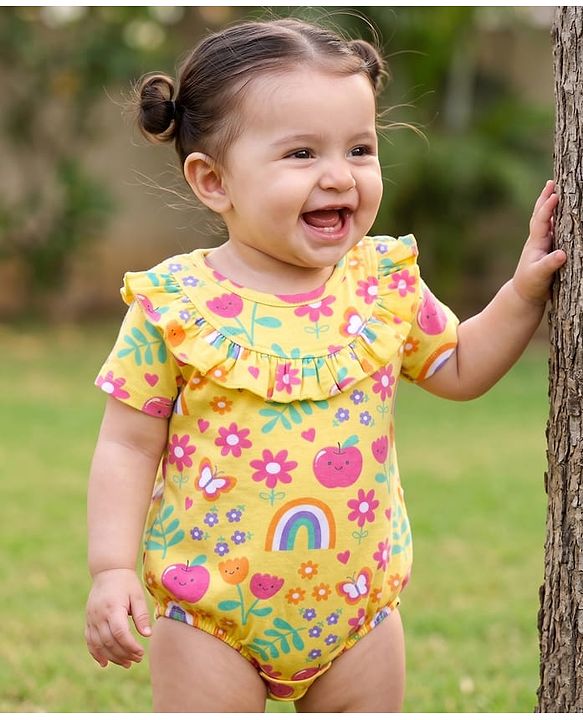 Babyhug 100% Cotton Knit Half Sleeves Onesie with Tropical Theme Print - Yellow