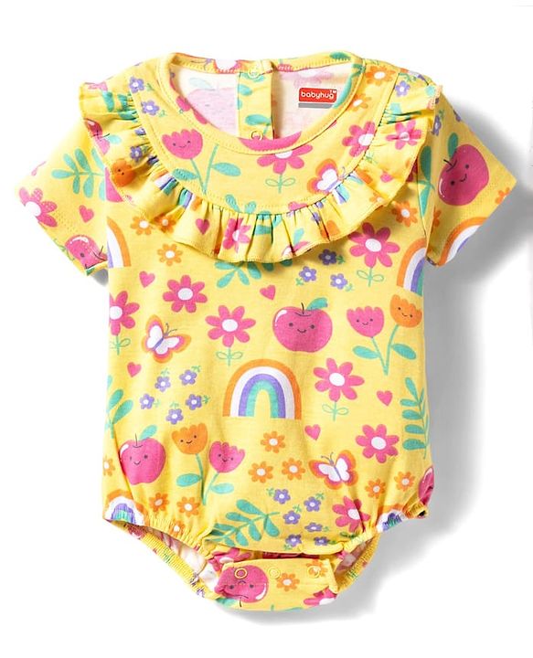 Babyhug 100% Cotton Knit Half Sleeves Onesie with Tropical Theme Print - Yellow