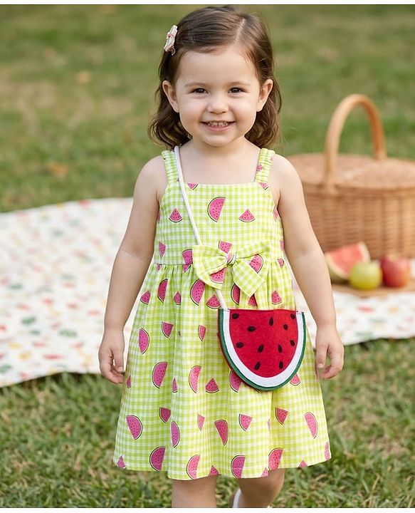 Babyhug Seer Sucker Woven Sleeveless Frock with Watermelon Print & Sling Bag Bow Applique  - Green