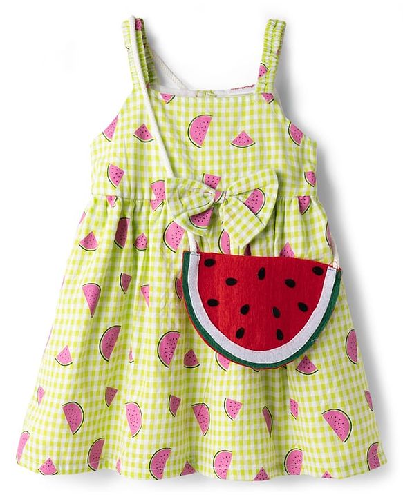 Babyhug Seer Sucker Woven Sleeveless Frock with Watermelon Print & Sling Bag Bow Applique  - Green