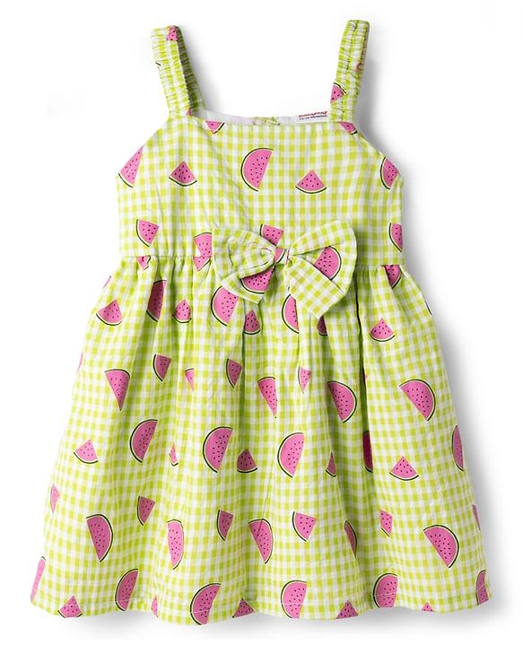 Babyhug Seer Sucker Woven Sleeveless Frock with Watermelon Print & Sling Bag Bow Applique  - Green