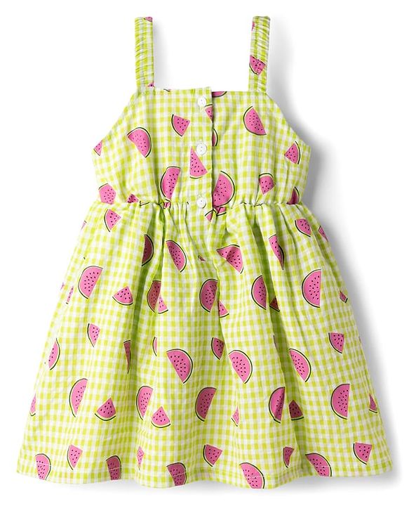 Babyhug Seer Sucker Woven Sleeveless Frock with Watermelon Print & Sling Bag Bow Applique  - Green
