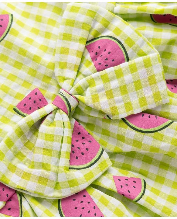 Babyhug Seer Sucker Woven Sleeveless Frock with Watermelon Print & Sling Bag Bow Applique  - Green