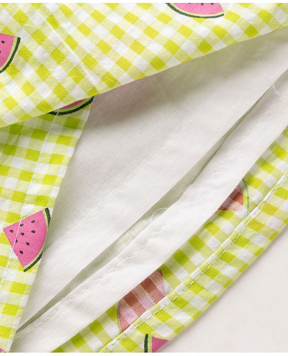 Babyhug Seer Sucker Woven Sleeveless Frock with Watermelon Print & Sling Bag Bow Applique  - Green