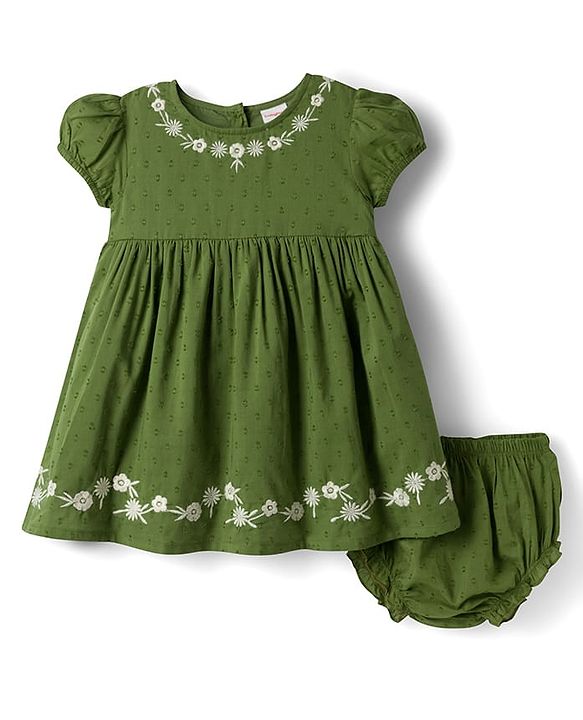 Babyhug 100% Cotton Woven Half Sleeves Flared Frock & Bloomer With Floral Embroidery - Green