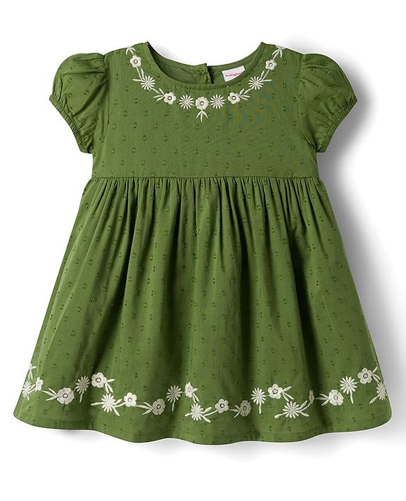 Babyhug 100% Cotton Woven Half Sleeves Flared Frock & Bloomer With Floral Embroidery - Green