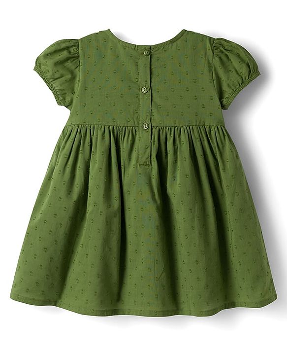 Babyhug 100% Cotton Woven Half Sleeves Flared Frock & Bloomer With Floral Embroidery - Green