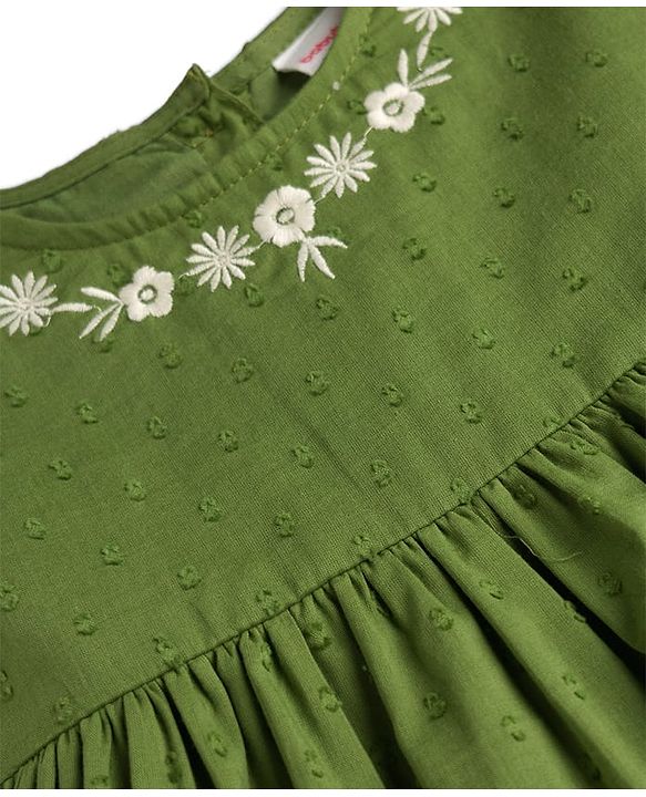 Babyhug 100% Cotton Woven Half Sleeves Flared Frock & Bloomer With Floral Embroidery - Green