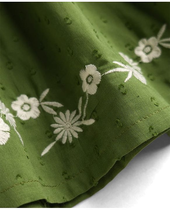 Babyhug 100% Cotton Woven Half Sleeves Flared Frock & Bloomer With Floral Embroidery - Green