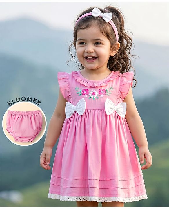 Babyhug Poplin Woven Frock &  Bloomer With Headband Floral Print & Applique - Pink