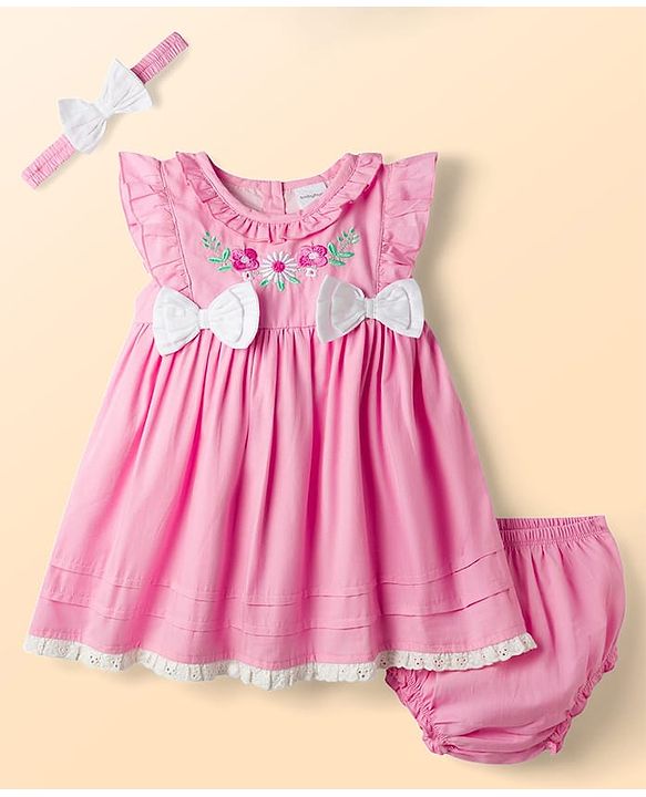 Babyhug Poplin Woven Frock &  Bloomer With Headband Floral Print & Applique - Pink