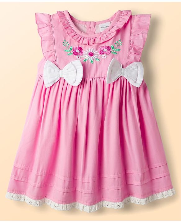 Babyhug Poplin Woven Frock &  Bloomer With Headband Floral Print & Applique - Pink