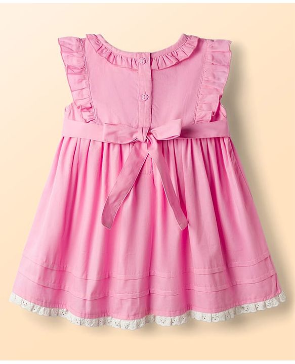Babyhug Poplin Woven Frock &  Bloomer With Headband Floral Print & Applique - Pink