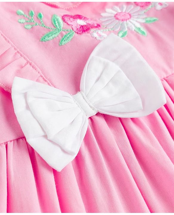 Babyhug Poplin Woven Frock &  Bloomer With Headband Floral Print & Applique - Pink
