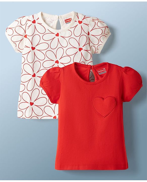 Babyhug Cotton Knit T-Shirts with Graphics & Floral Print Round Neck Half Sleeves Multi Color 6-9 Months Pack of 2