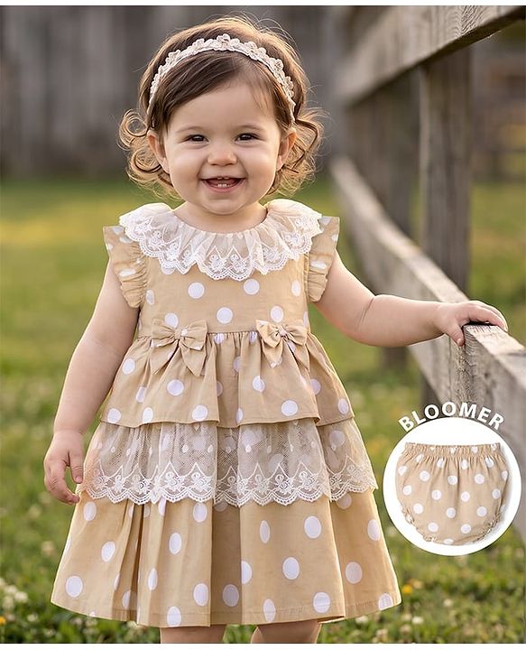 Babyhug Cotton Woven Half Sleeves Polka Dots Printed Frock With Bloomer - Beige