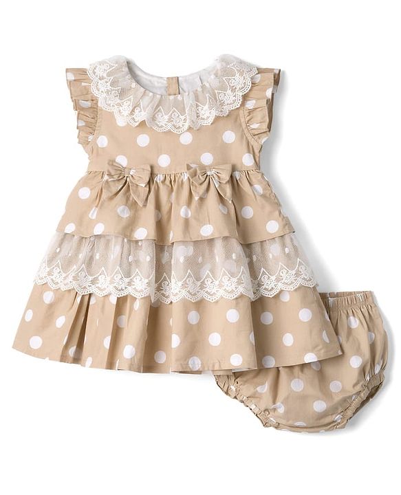 Babyhug Cotton Woven Half Sleeves Polka Dots Printed Frock With Bloomer - Beige