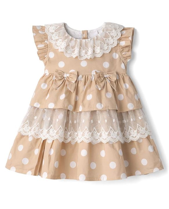 Babyhug Cotton Woven Half Sleeves Polka Dots Printed Frock With Bloomer - Beige
