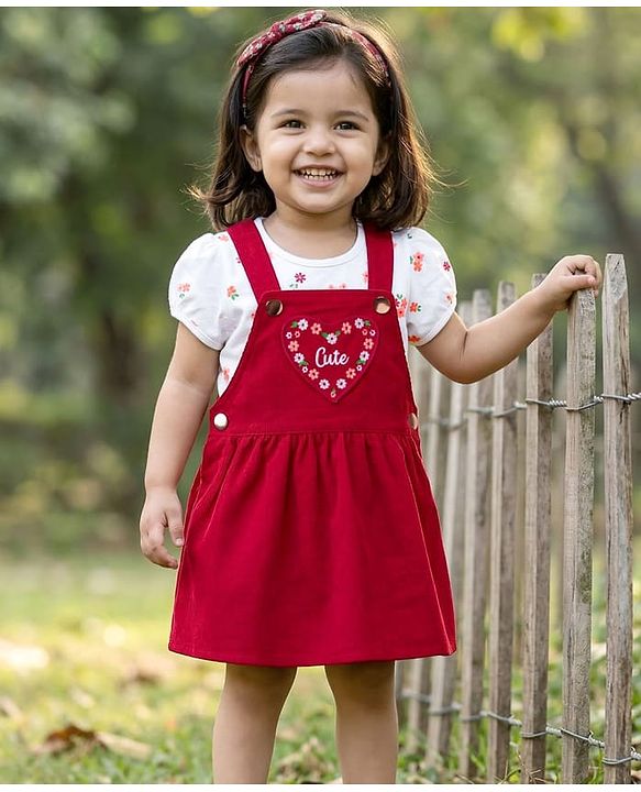 Babyhug Corduroy Woven Half Sleeves T-Shirt & Frock with Floral Print &  Heart Patch - Red