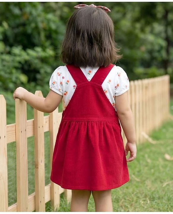 Babyhug Corduroy Woven Half Sleeves T-Shirt & Frock with Floral Print &  Heart Patch - Red