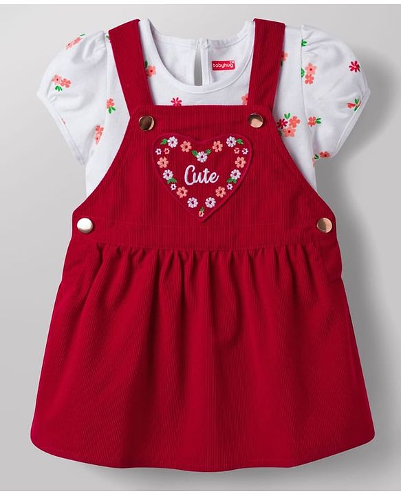 Babyhug Corduroy Woven Half Sleeves T-Shirt & Frock with Floral Print &  Heart Patch - Red
